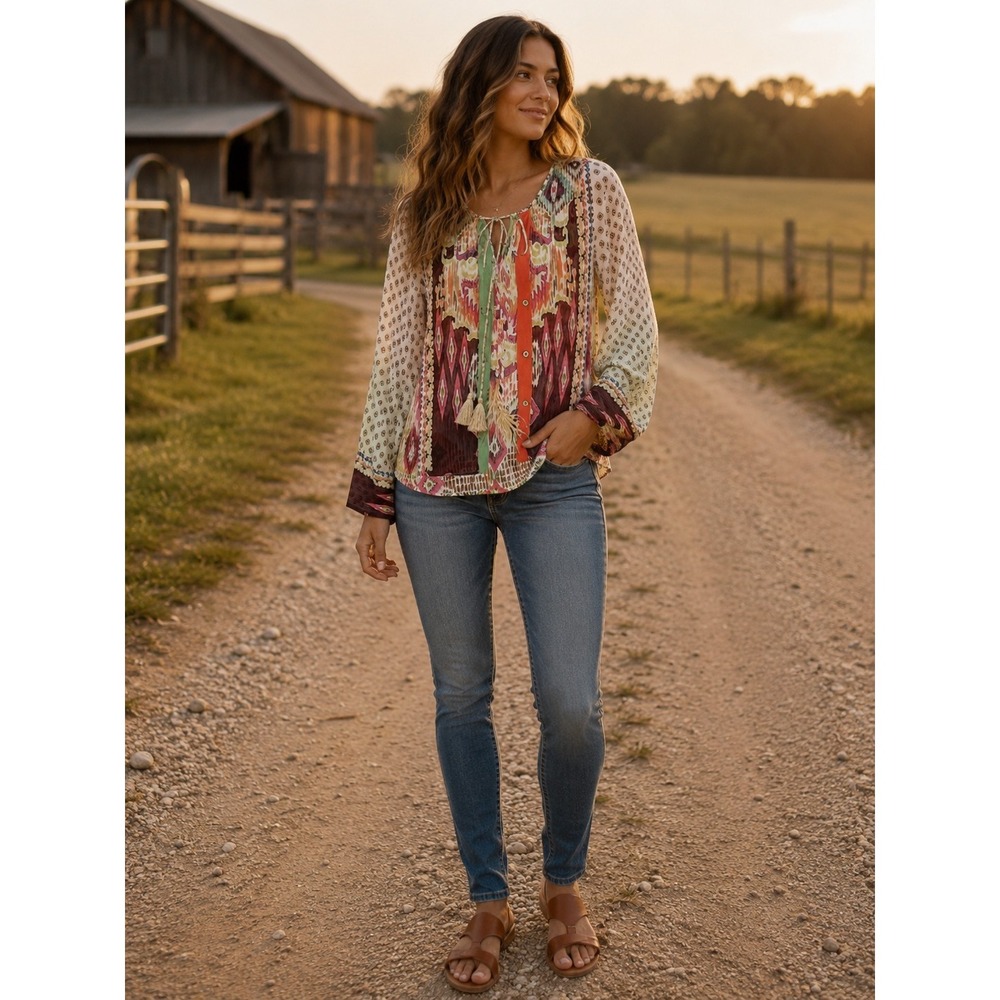 Zara Peasent Paisley Feather Rhinestone Tie Neck Boho Blouse Orange Green Sz S